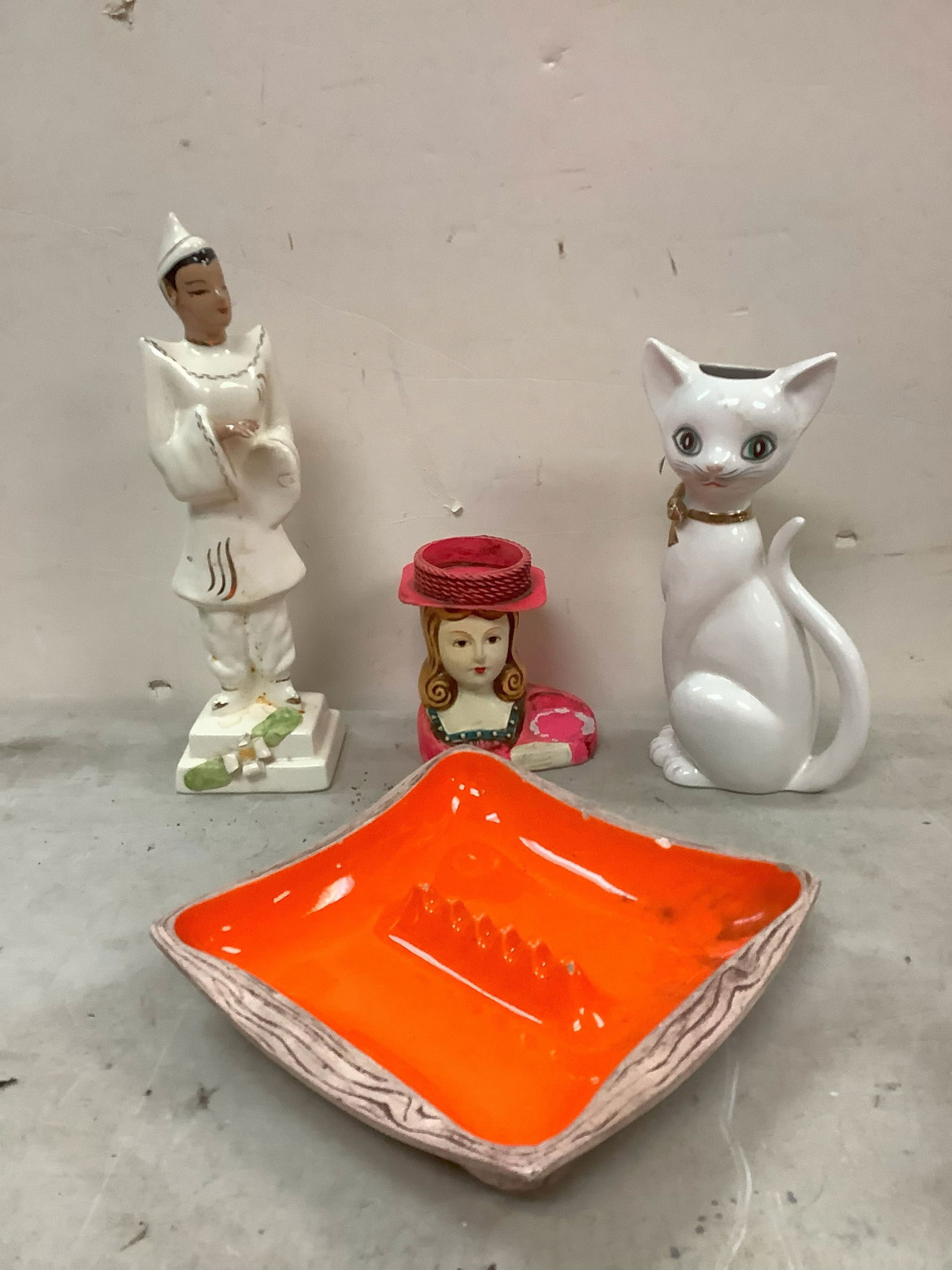 Retro Ceramic Ashtray, Inarco Cat, Signed Figurine of Man (missing hand and chipped head) and more (1 of 1)
