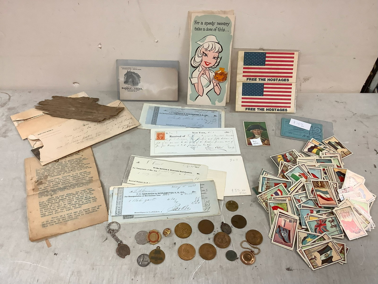 1963 Topps Flags of the World Midget Cards, Old Correspondence with Driftwood, Receipt dated 1868,: 1963 Topps Flags of the World Midget Cards, Old Correspondence with Driftwood, Receipt dated 1868, Coins and more