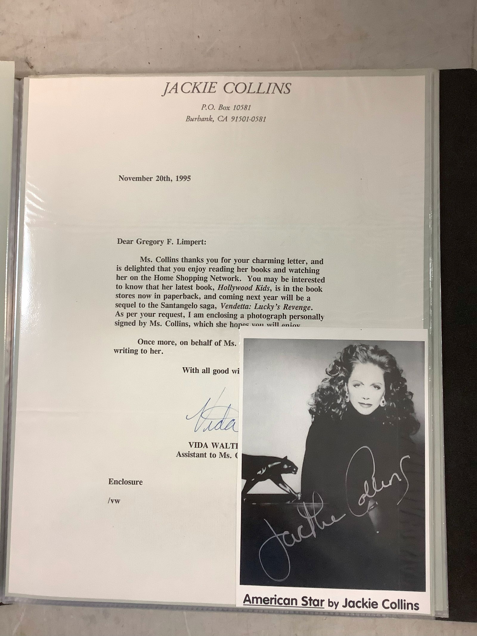 Autographed Headshot - Jackie Collins 4x6 and Letter from Assistant (1 of 1)