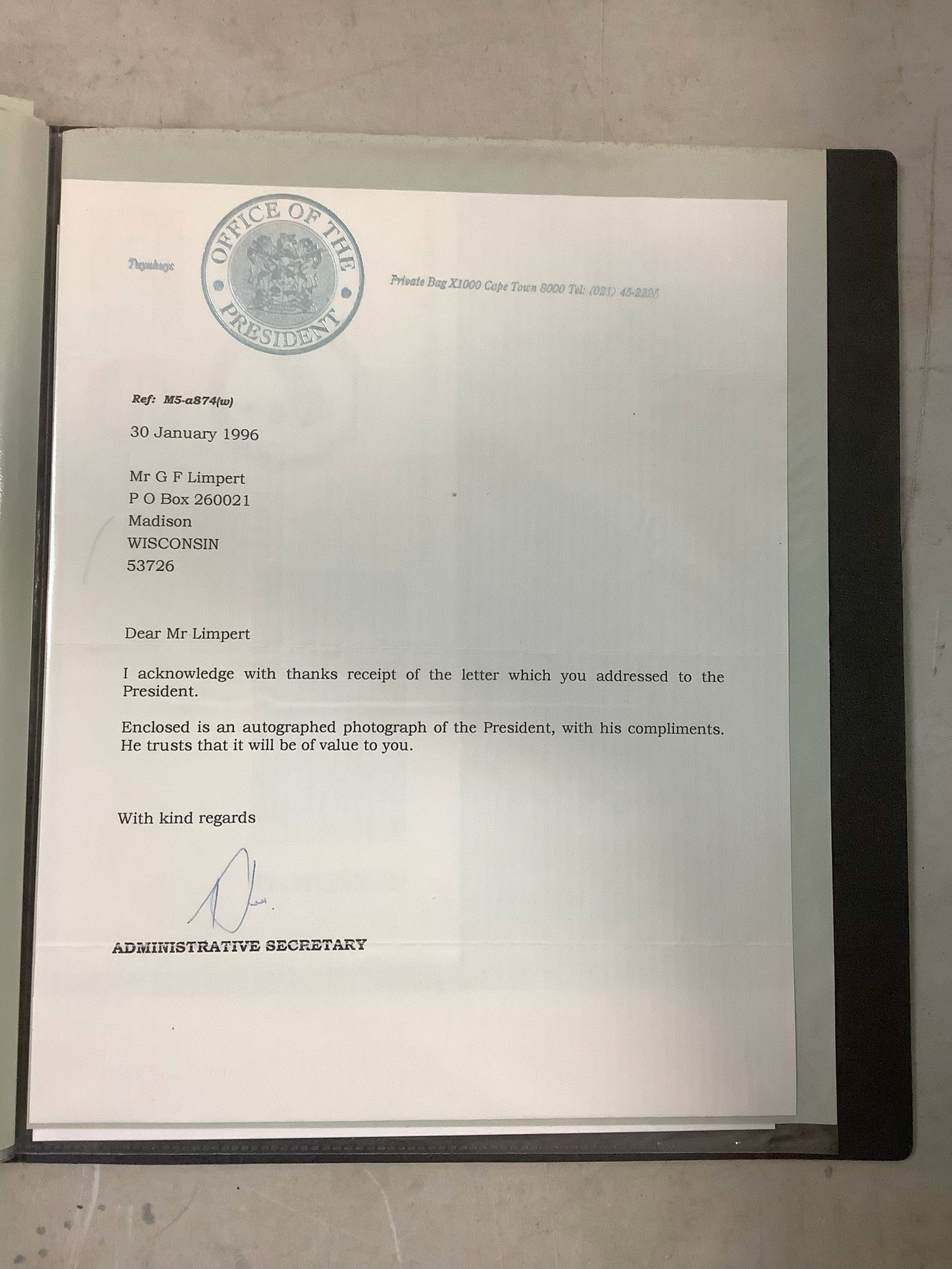 Correspondence from Office of the President dated 1996: Correspondence from Office of the President dated 1996