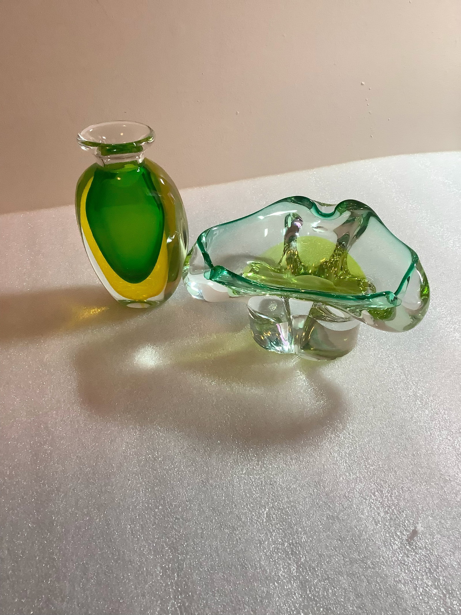 Art Glass Ash Tray and Vase (chip on bottom of ash tray) tallest 6": Art Glass Ash Tray and Vase (chip on bottom of ash tray) tallest 6"