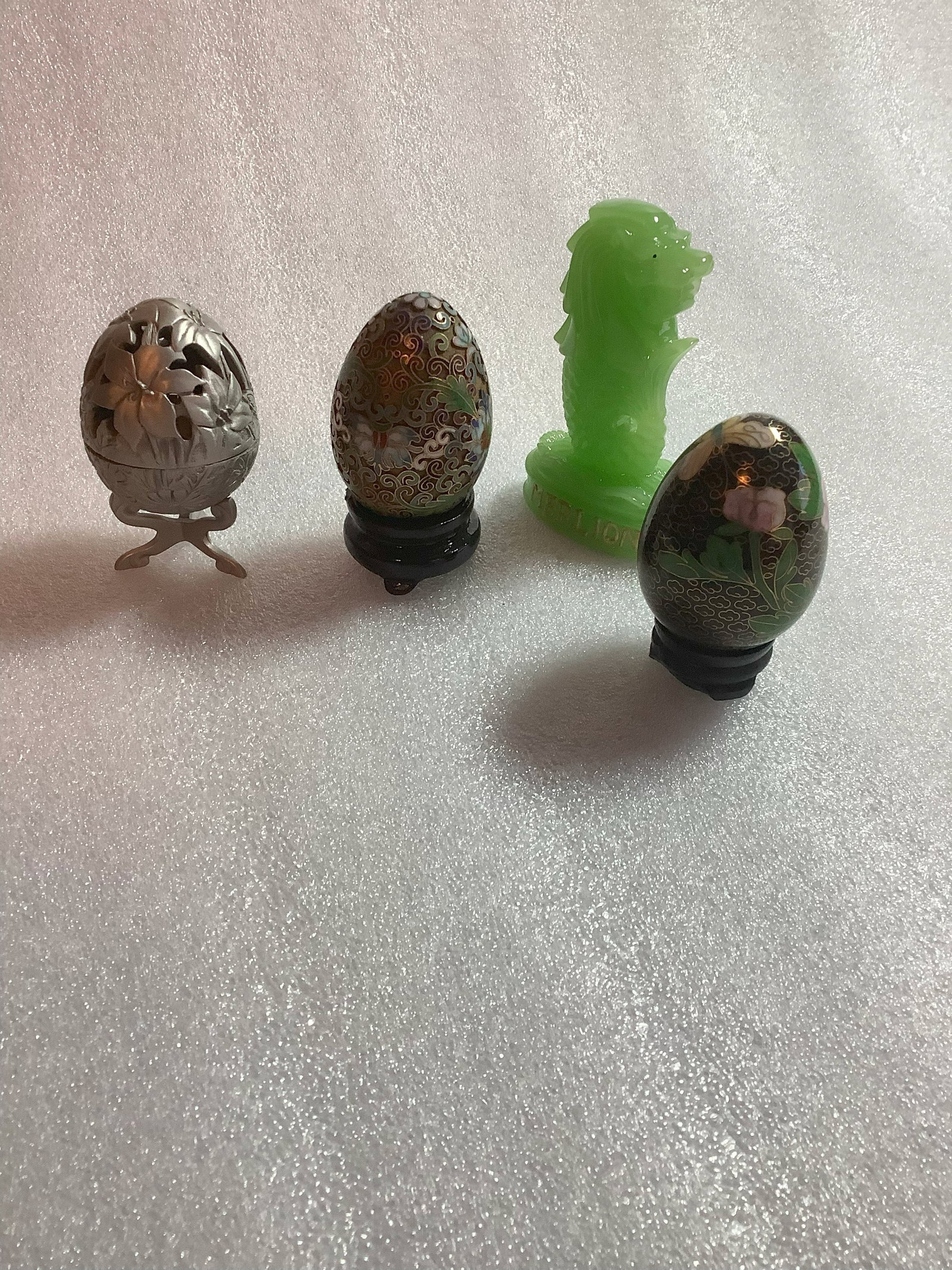 Cloisonne Eggs, Pewter Egg and Jade Merlion: Cloisonne Eggs, Pewter Egg and Jade Merlion