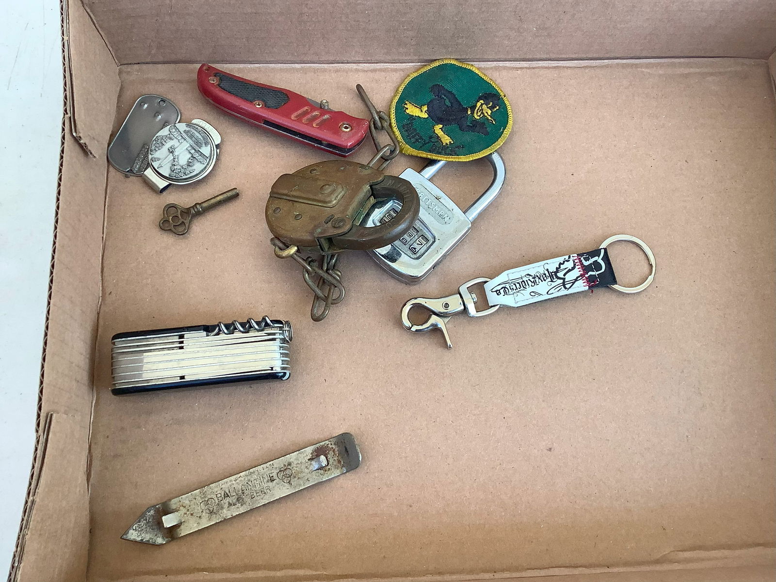 Craftsman Lock, Key Chain, Vinatge Can Opener, NJ Bell Telephone Co 1927 Lock and Key (key broken), (1 of 1)