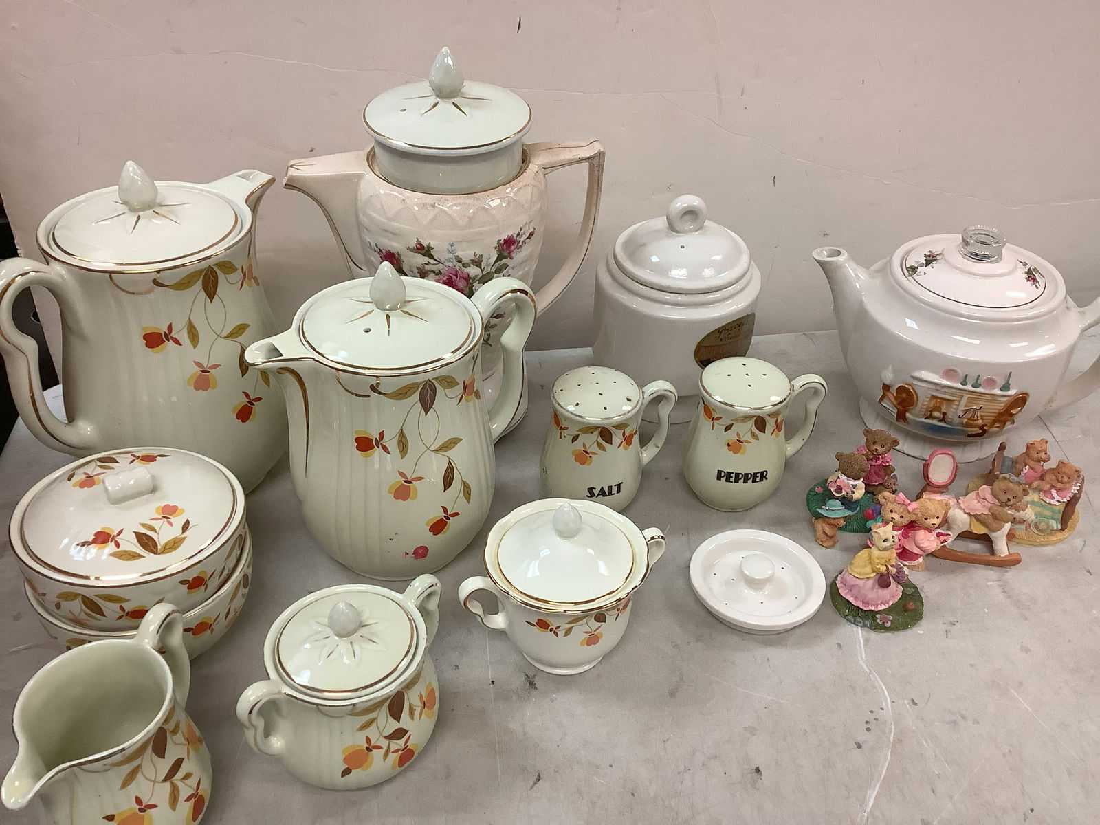 Lot of decorative fall themed pitchers, cups, salt and pepper shakers, jars, and more tallest 9in. (1 of 1)