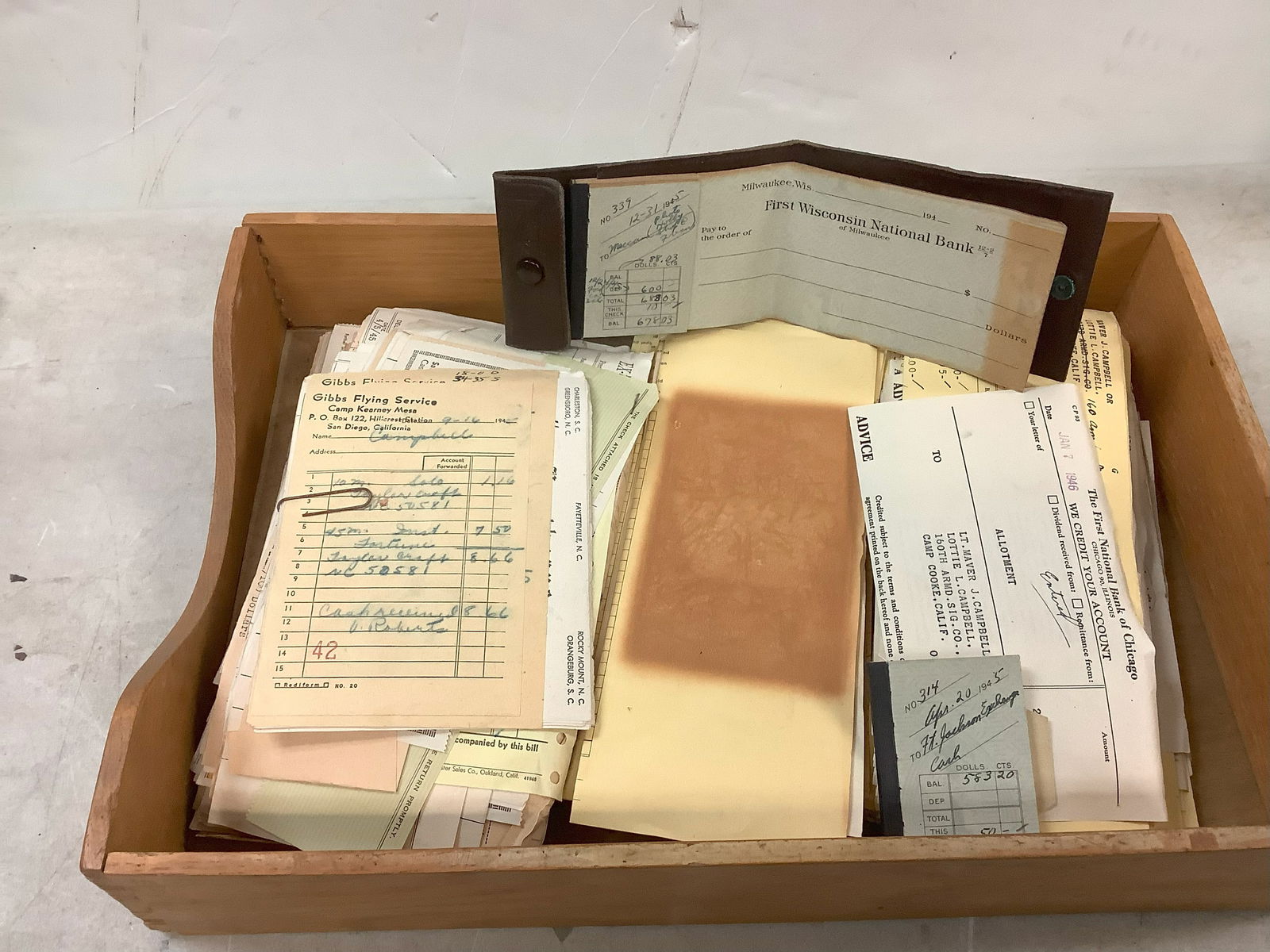 Wood Tray with First Wisconsin National Bank Checkbook 1940s with checks and ledger writing, Vintage (1 of 1)