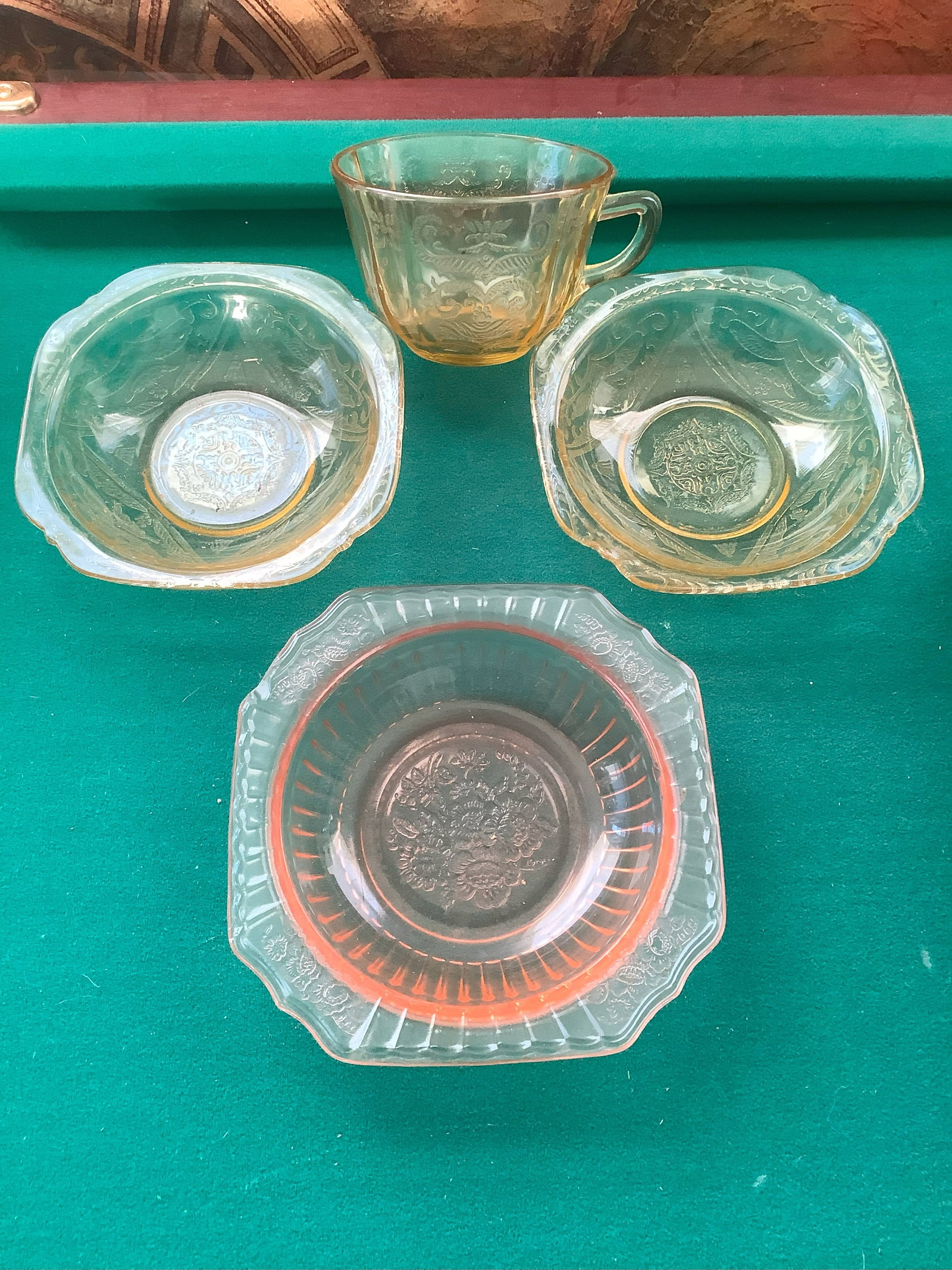 Vintage Yellow & Pink Colored Lace Design Dishes and Cup: Vintage Yellow & Pink Colored Lace Design Dishes and Cup