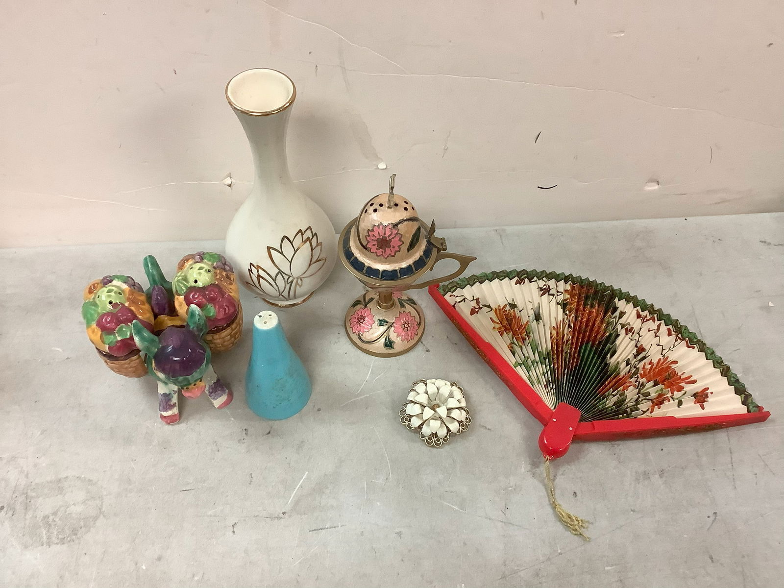 Lotus Hand Decorated 22k Gold Trimmed Vase, Incense Burner, Chinese Fan, Pin, Donkey Salt & Pepper (1 of 1)