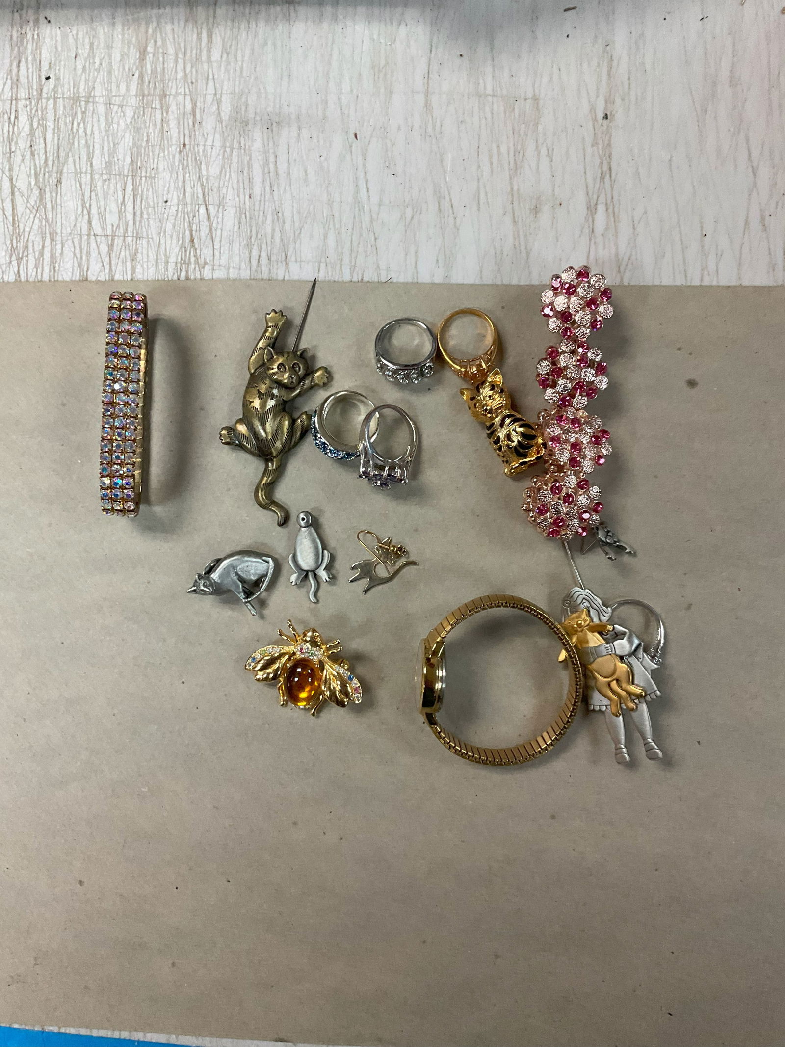 Lot of Costume Brooches, Bracelets, Rings, Timex Watch and More: Lot of Costume Brooches, Bracelets, Rings, Timex Watch and More