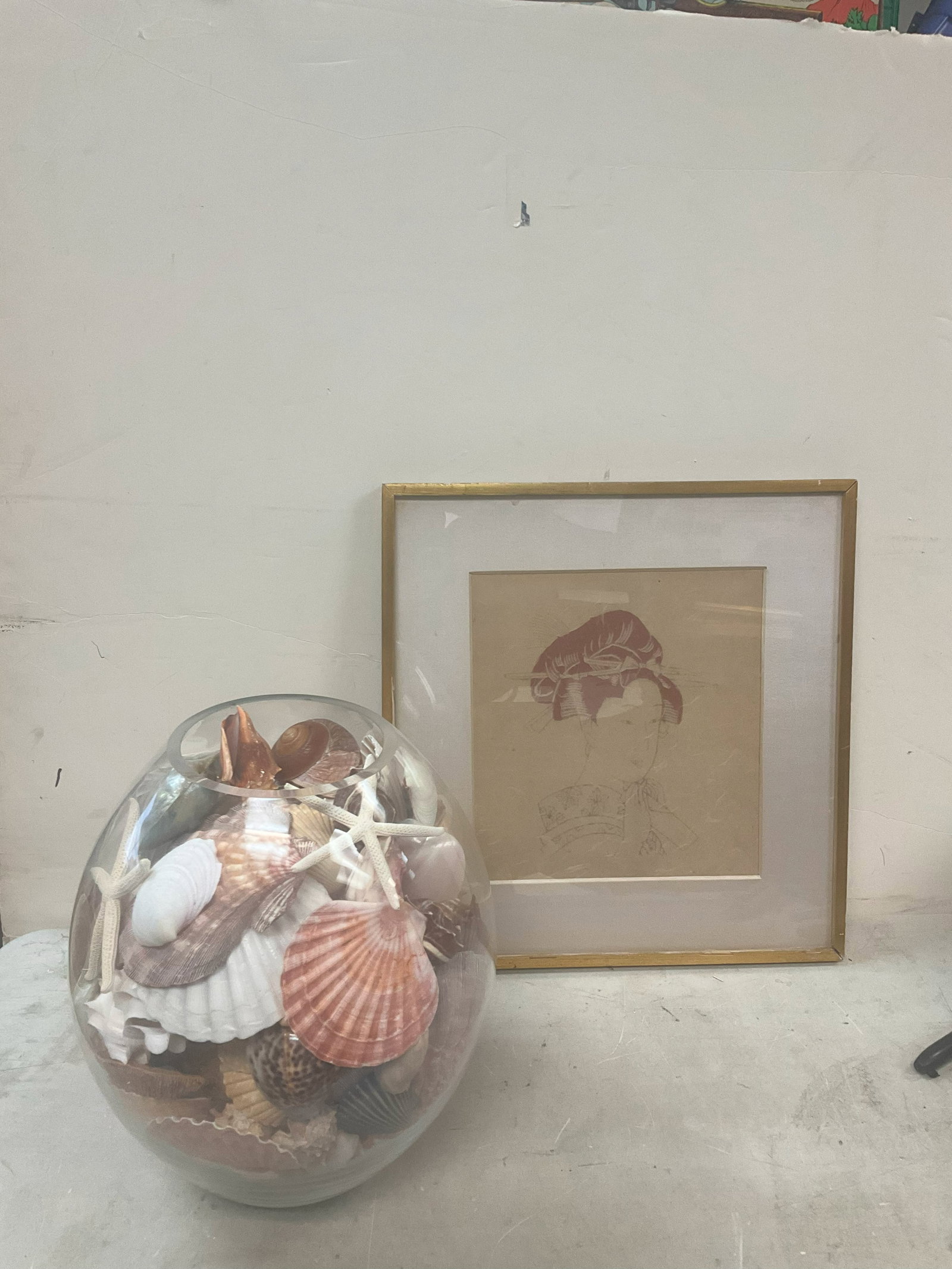 13in.tall glass jar of seashells, oriental artwork 16.5in.x17.5in.: 13in.tall glass jar of seashells, oriental artwork 16.5in.x17.5in.
