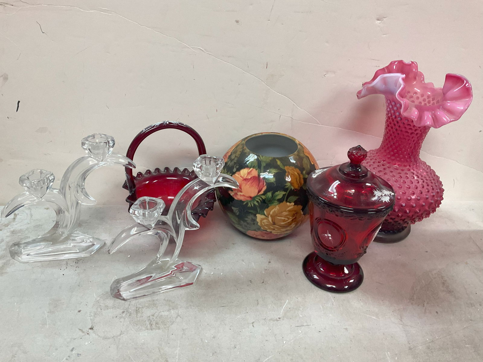 Lot of glass candle holders, decorative red yenton jar and dish,12in.tall pink vase, and more (1 of 1)
