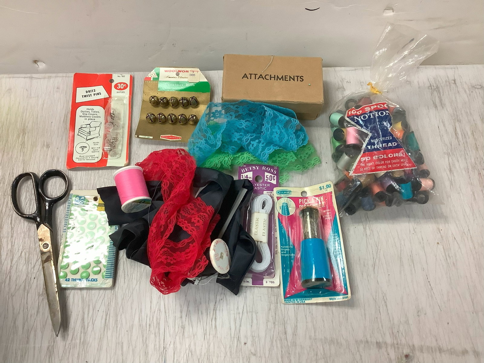 Lot of various thread, fabrics, elastic and scissors: Lot of various thread, fabrics, elastic and scissors