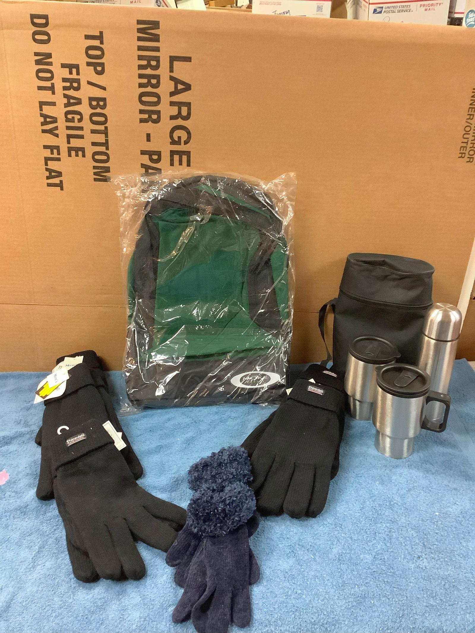 Thermos and 2 Travel Mugs with Case, Moke Sports Backpack, Ladies and Mens Winter Gloves with tags (1 of 1)