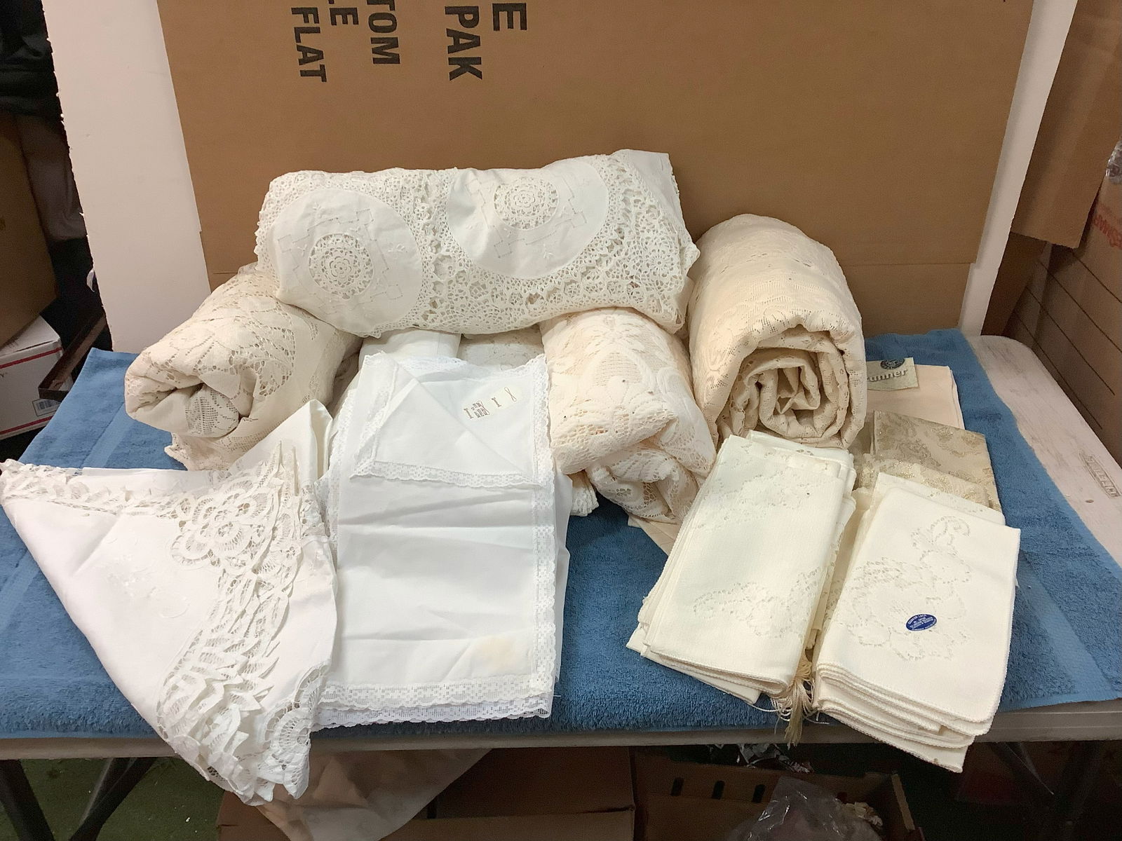 Lot of Vintage Embroidered Table Cloths, Napkins, Table Runners, Place Settings incl Fortunoff,: Lot of Vintage Embroidered Table Cloths, Napkins, Table Runners, Place Settings incl Fortunoff, Quacker Lace – various sizes