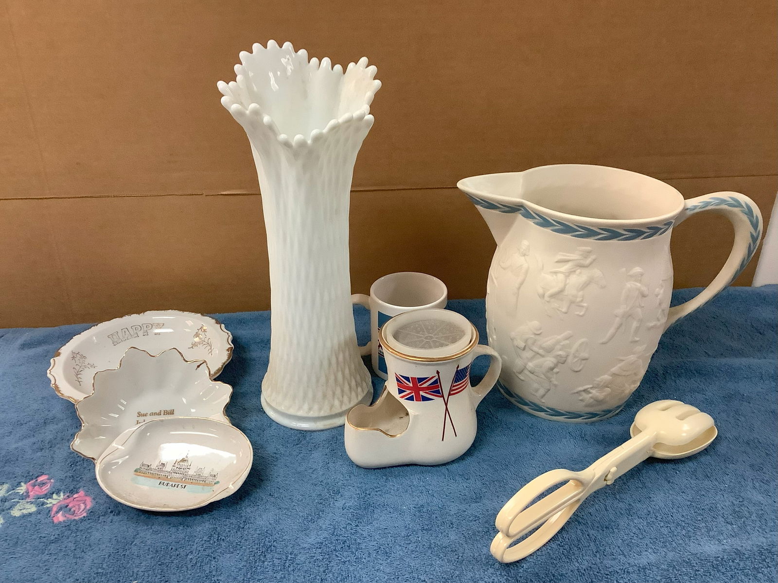 Vintage Large Milk Glass Vase 14 in tall, Patriots Pitcher Original Sculpture for Lenox by Laszlo (1 of 1)