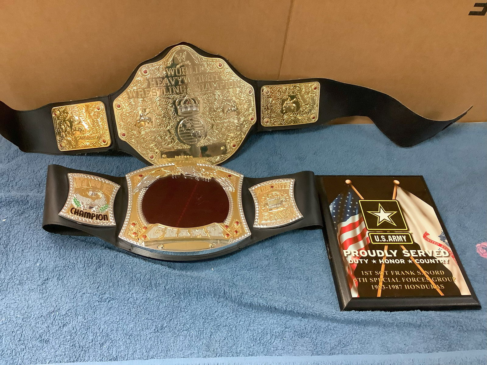 US Army Plaque !st SGT Frank S. Nord Honduras 1983-1987, Toy Wrestling Heavy Weight Champ Belts (1 of 1)