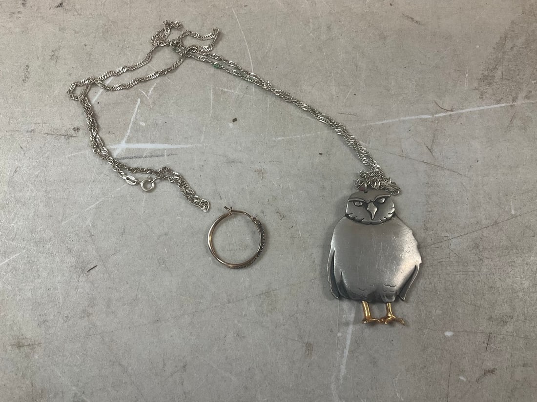Sterling Silver Necklace with Pewter Owl Pendant and Sterling Silver Earring: Sterling Silver Necklace with Pewter Owl Pendant and Sterling Silver Earring