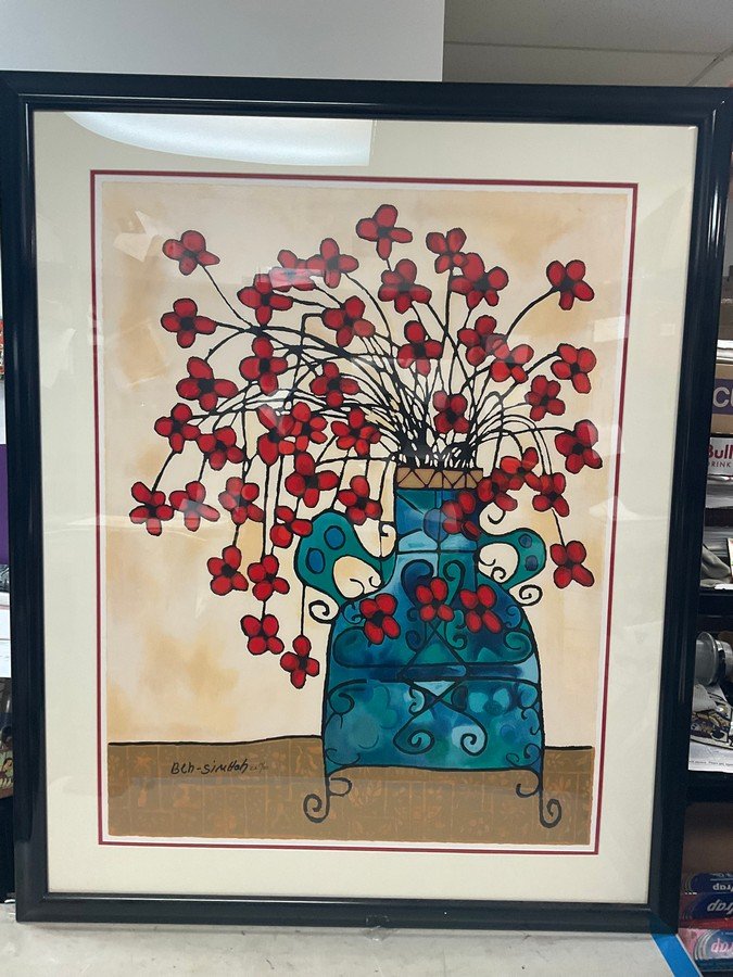 "Flowers in Blue Vase" serigraph signed Avi Ben Simhon (36in.x27.5in.) (1 of 3)