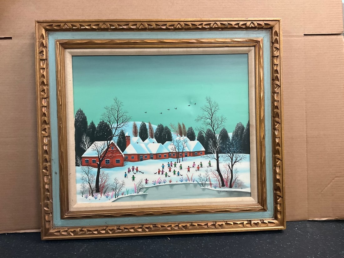 Kids playing in the snow painting signed Markova(28in.x32in.): Kids playing in the snow painting signed Markova(28in.x32in.)
