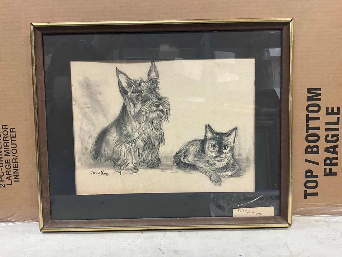 Cat and dog black and white sketch artwork framed and signed C Rowley (1 of 1)