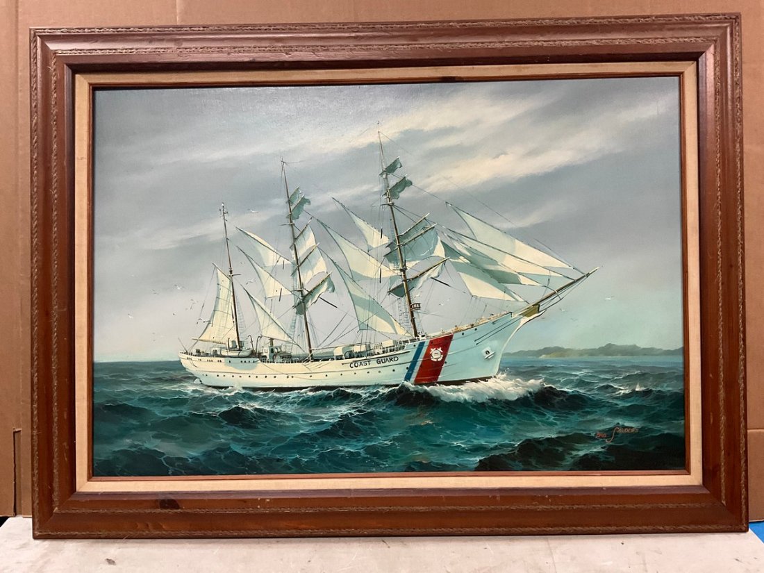 Coast Guard boat painting signed and framed Bob Sanders(31in.x53in.): Coast Guard boat painting signed and framed Bob Sanders(31in.x53in.)