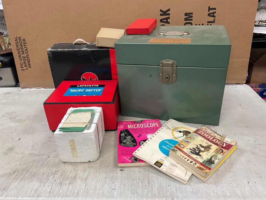 Lot of microscope camera adapter, slides, and books in 10in.tall box) (1 of 1)