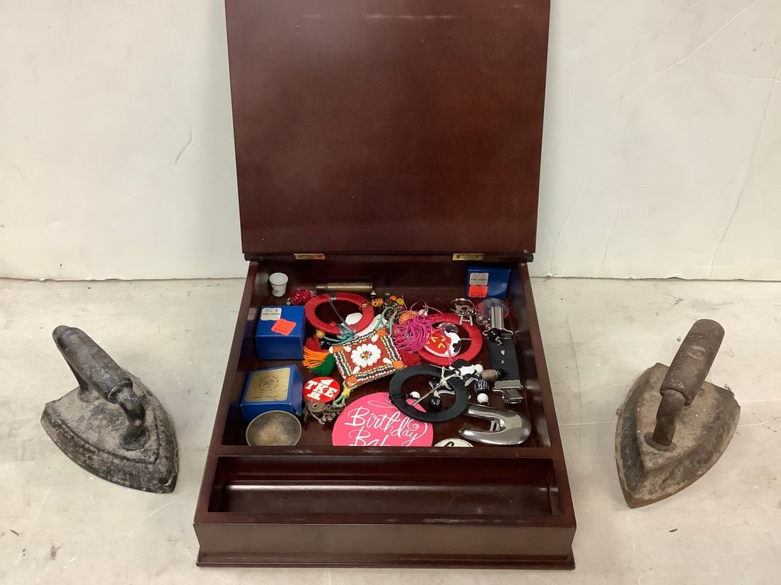 Wooden box organizer (13.75in.x11.5in.x4in.), antique cast irons, pins, and more: Wooden box organizer (13.75in.x11.5in.x4in.), antique cast irons, pins, and more