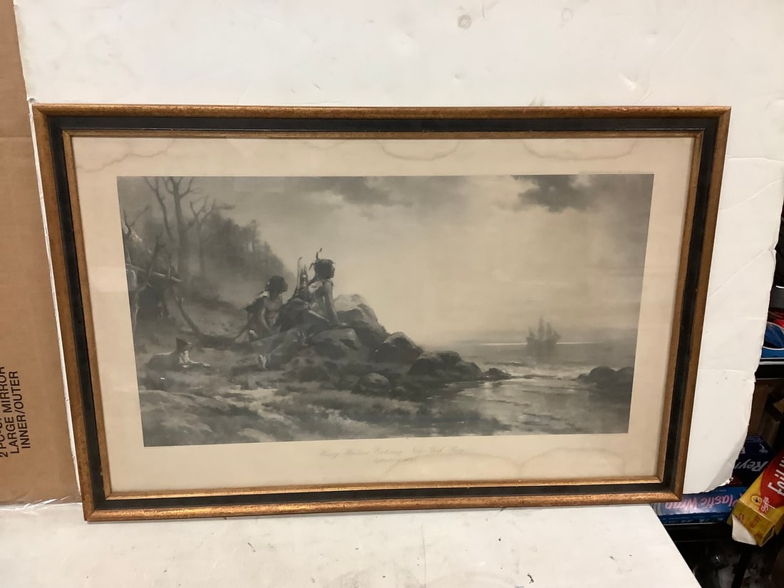 Henry Hudson Entering New York Bay Framed Colored Engraving 23x35" (1 of 1)