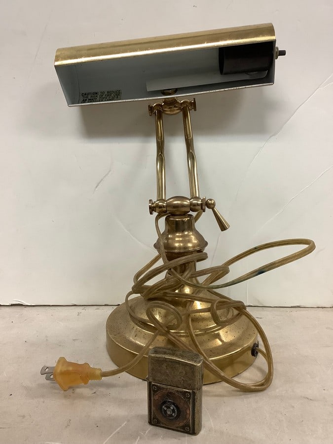Vintage zippo lighter with compass and vintage brass desk lamp: Vintage zippo lighter with compass and vintage brass desk lamp