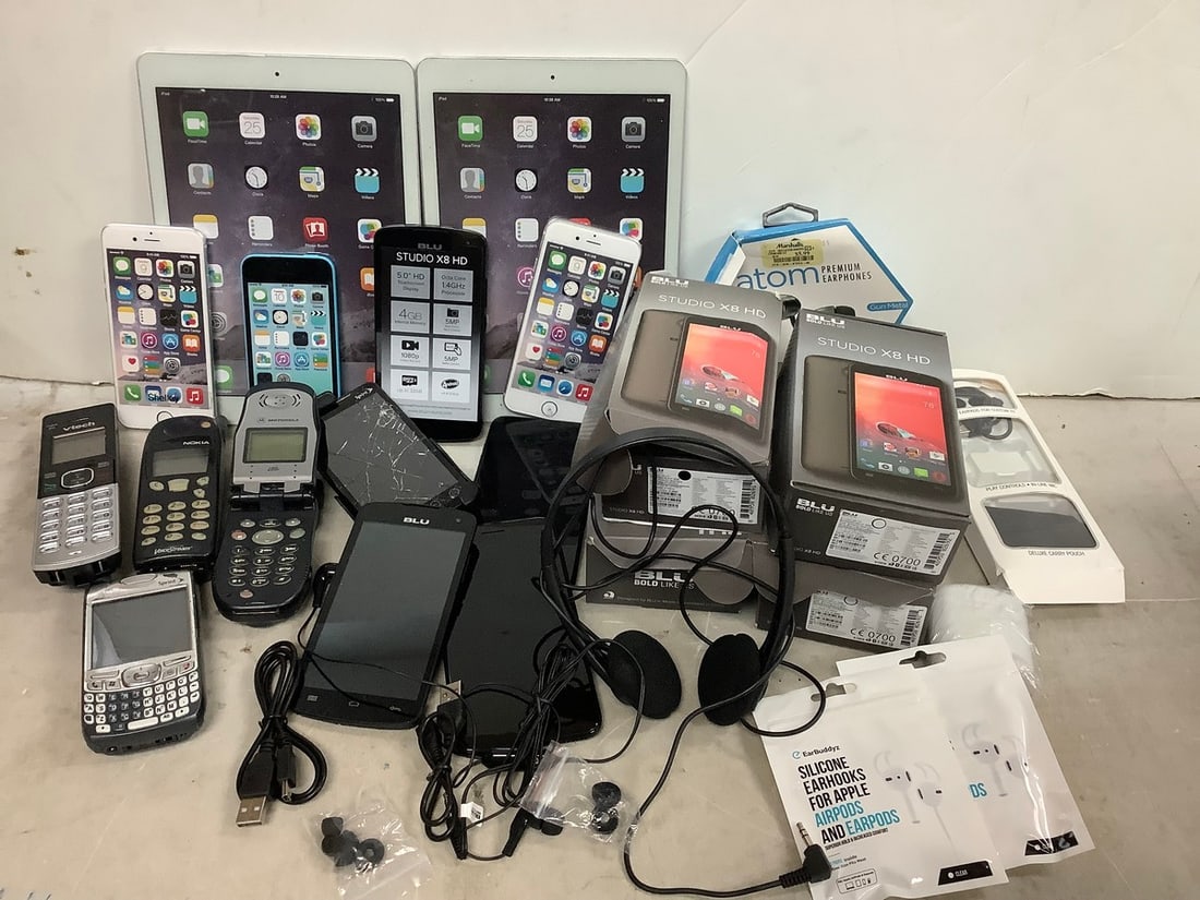 Lot of prop ipads, atom premium earphones, vintage phones, and more: Lot of prop ipads, atom premium earphones, vintage phones, and more