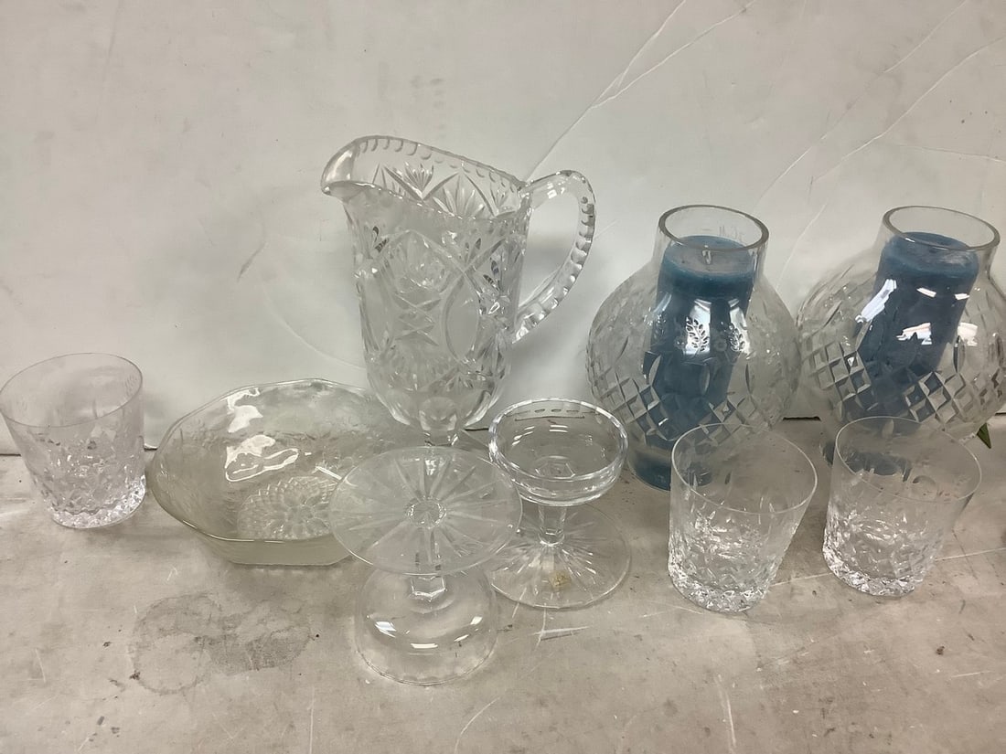 Lot of glass candle holders, pitcher, glasses, and more (tallest - 10.5 in): Lot of glass candle holders, pitcher, glasses, and more (tallest - 10.5 in)