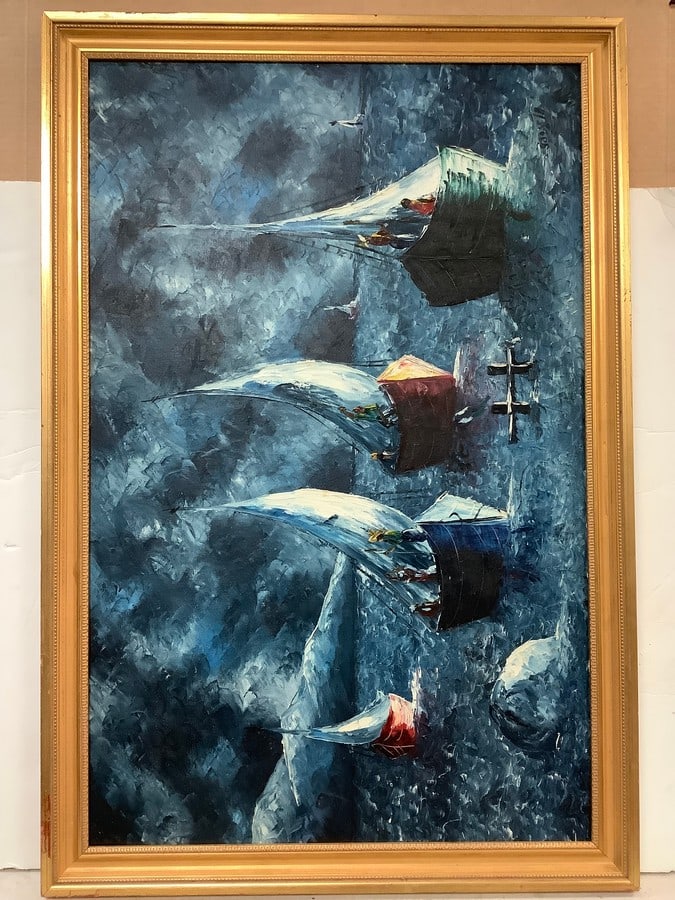 Oil on canvas boats on waves in a storm signed artwork 27in.x40in. (1 of 1)