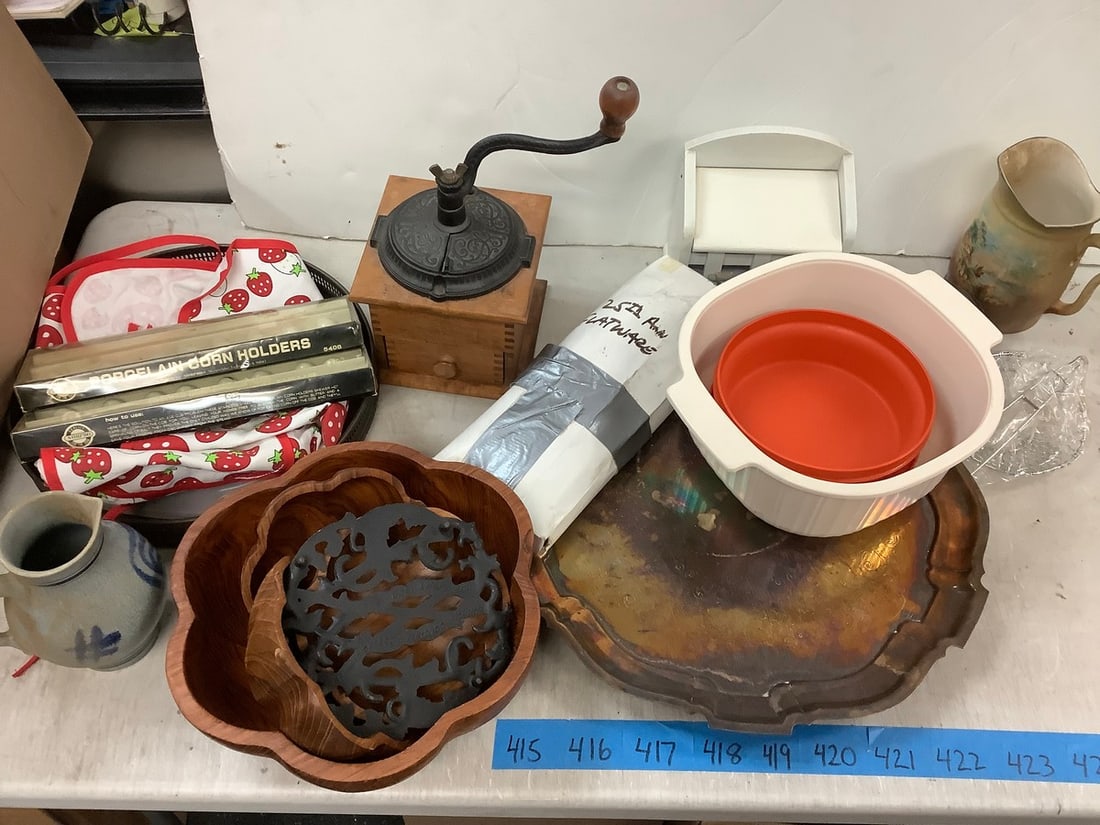 Lot of vintage coffee grinder, metal serving tray, wooden bowls, flatwear, biscuit maker and more: Lot of vintage coffee grinder, metal serving tray, wooden bowls, flatwear, biscuit maker and more