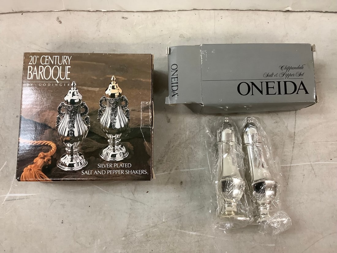 Oneida Salt & Pepper Set and 20th century baroque silver plated shakers: Oneida Salt & Pepper Set and 20th century baroque silver plated shakers