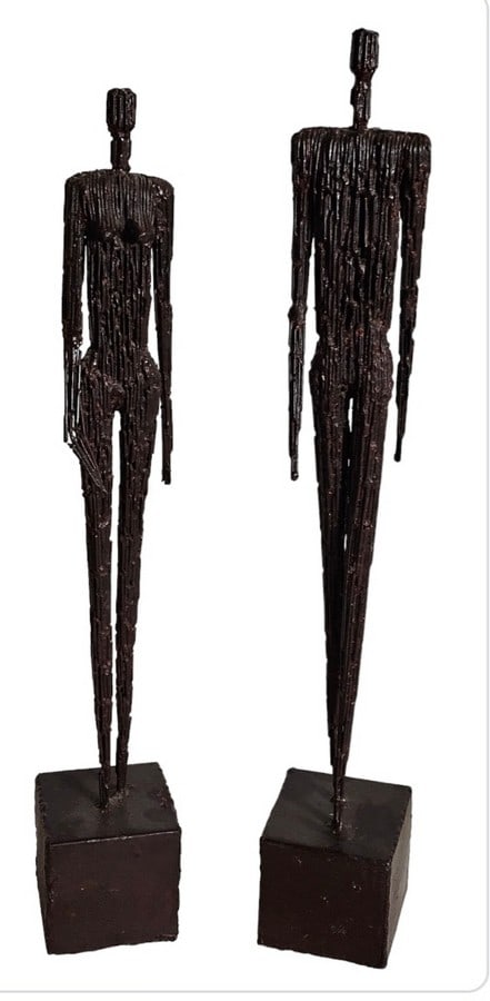 27.5" tall Pair of Figural Nude Metal Sculptures: on wooden bases in the style of Diego Giacometti
