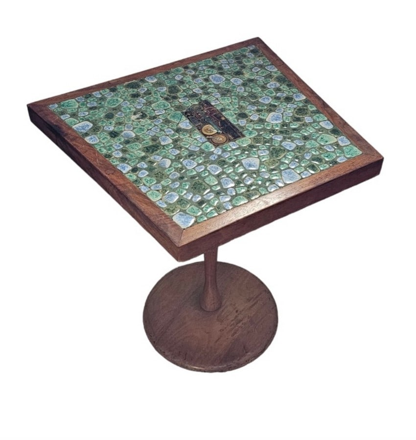 Small Teak Accent Table w Mosaic Glass (1 of 3)