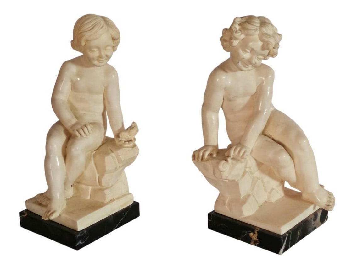 Pair of G. Ruggeri Alabaster on Marble Children Statues: each 9.5x4x4"