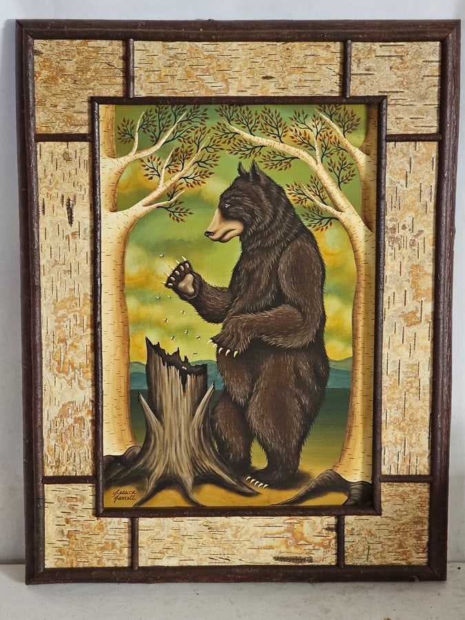 Wooden Signed Jessica Farrell Bear Wall Art: total size 24x18"