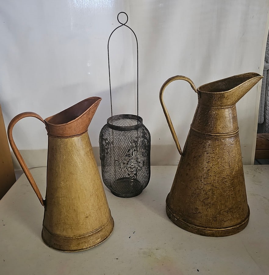 Decorative Wood Look Pitchers and Lantern: Decorative Wood Look Pitchers and Lantern