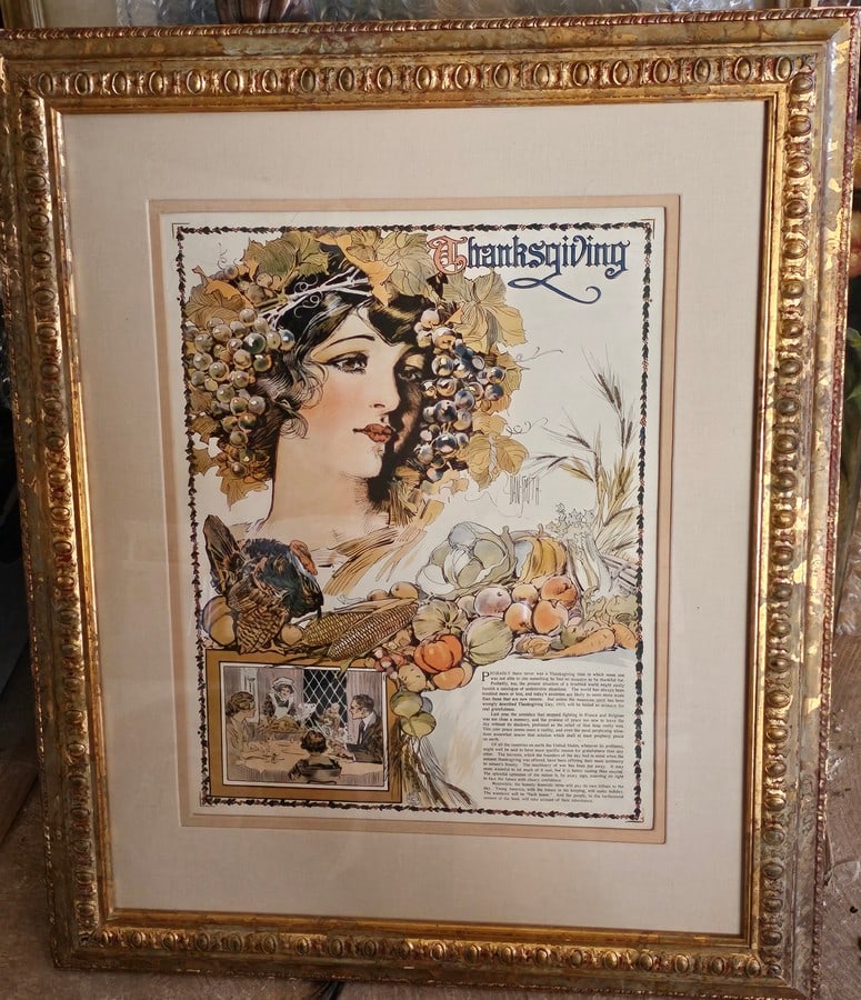 Framed Art Nouveau Style Thanksgiving Art: 31x25"