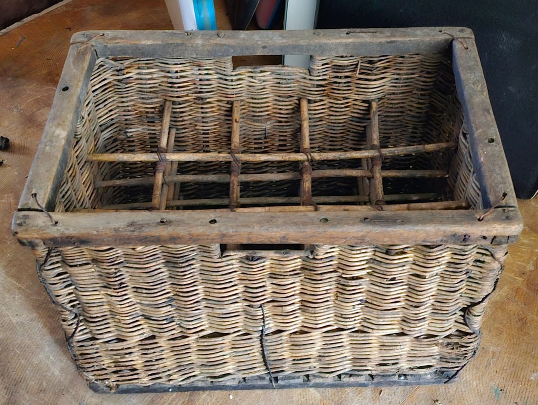 Antique Wicker Bottle Crate: 15x22x14"