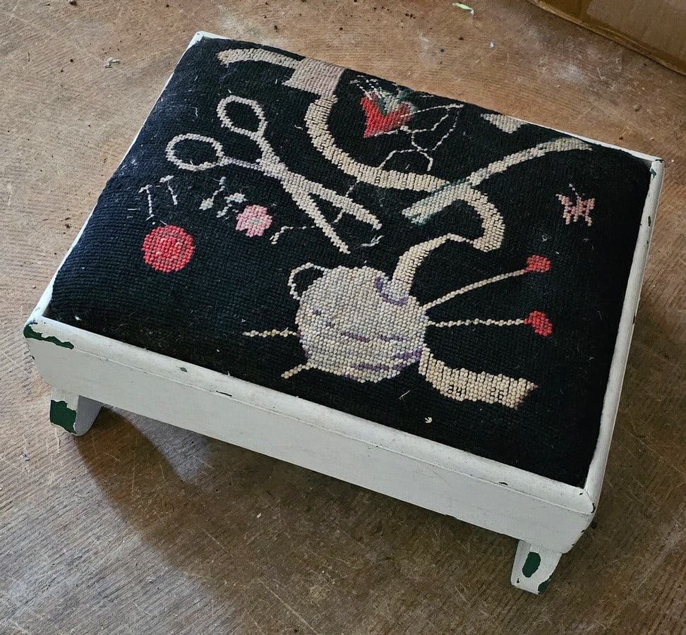 Vintage Wooden Ottoman Embroidered Sewing Art Top (1 of 1)