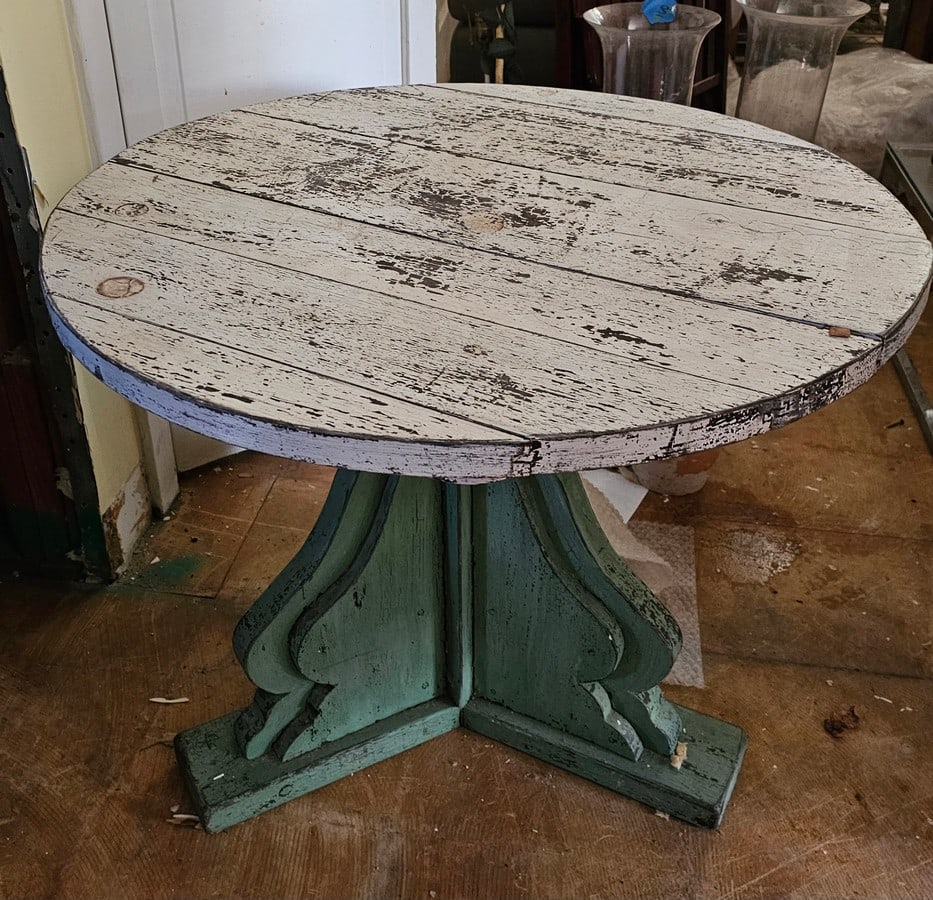 Vintage Wooden Whitewashed Top Table: 24x30"