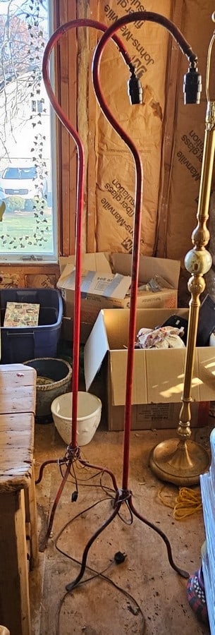2 Antique Red S Hook Metal Lamps Untested 61" tall: 2 Antique Red S Hook Metal Lamps Untested 61" tall