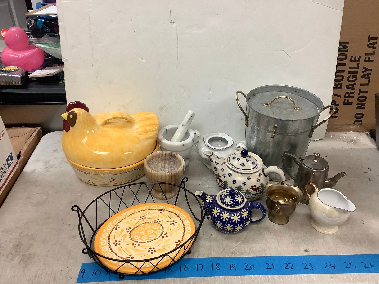 Lot of metal ice bucket, rooster serving dish, decorative tea pots and more (1 of 1)