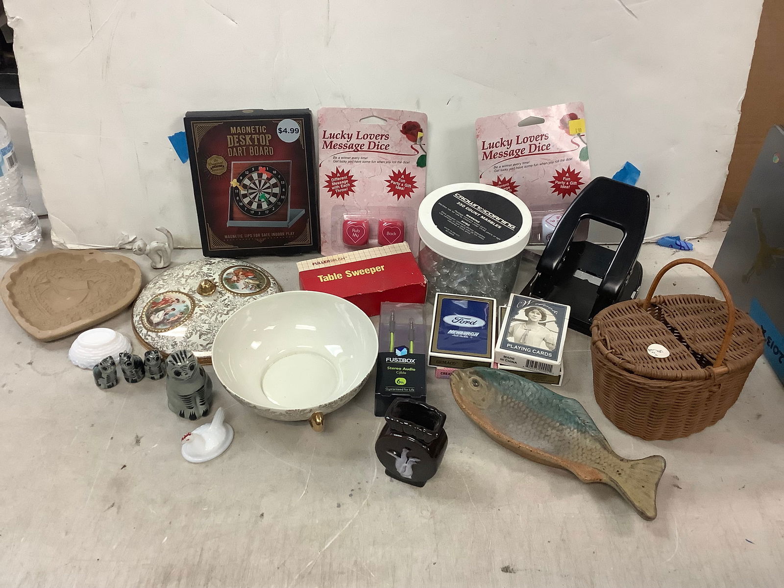 Lot of magnetic desktop dart board, cermic figures, small wicker basket, lucky lovers dice and more (1 of 1)
