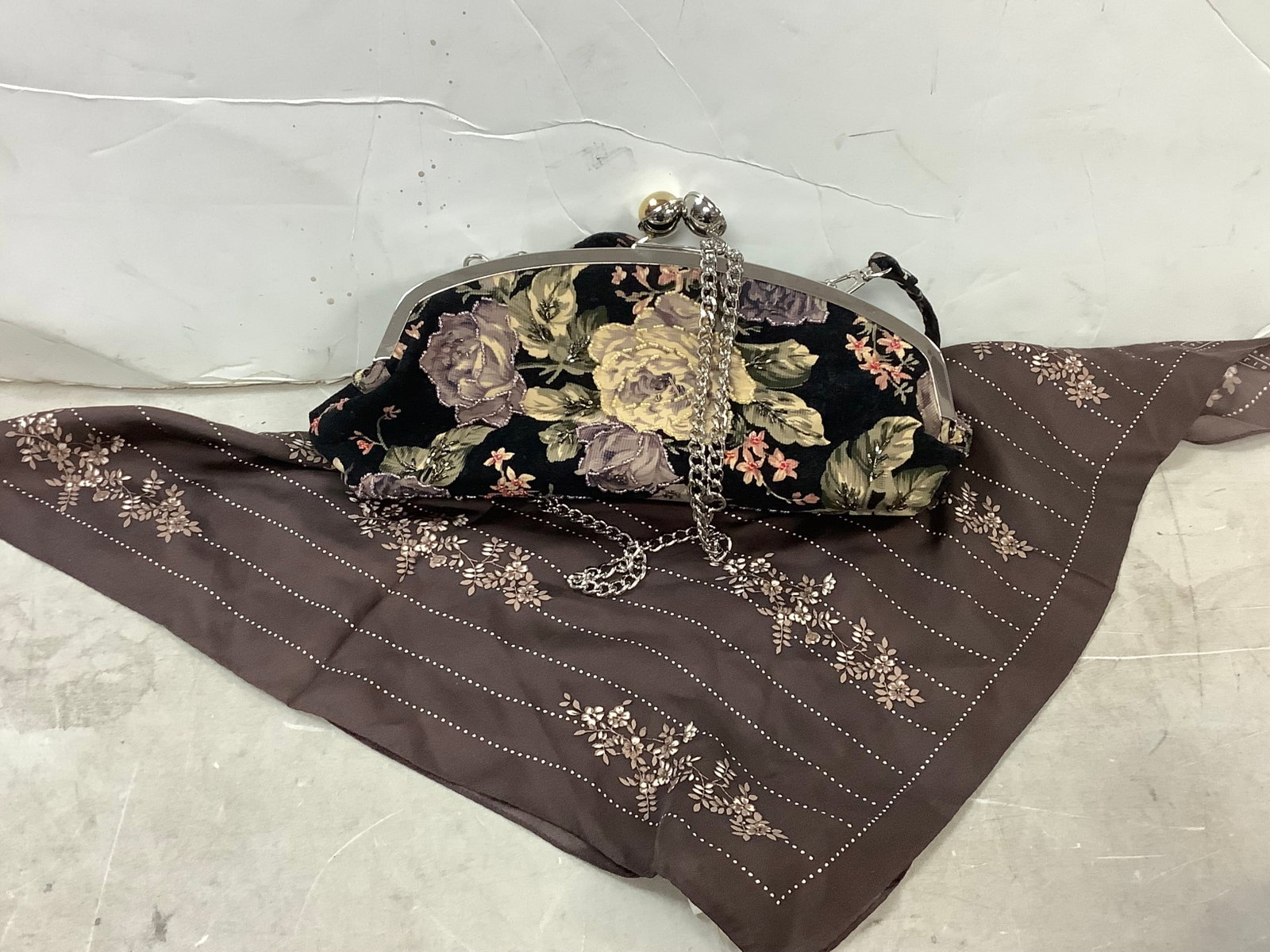 Decorative handkerchief and floral handbag: Decorative handkerchief and floral handbag