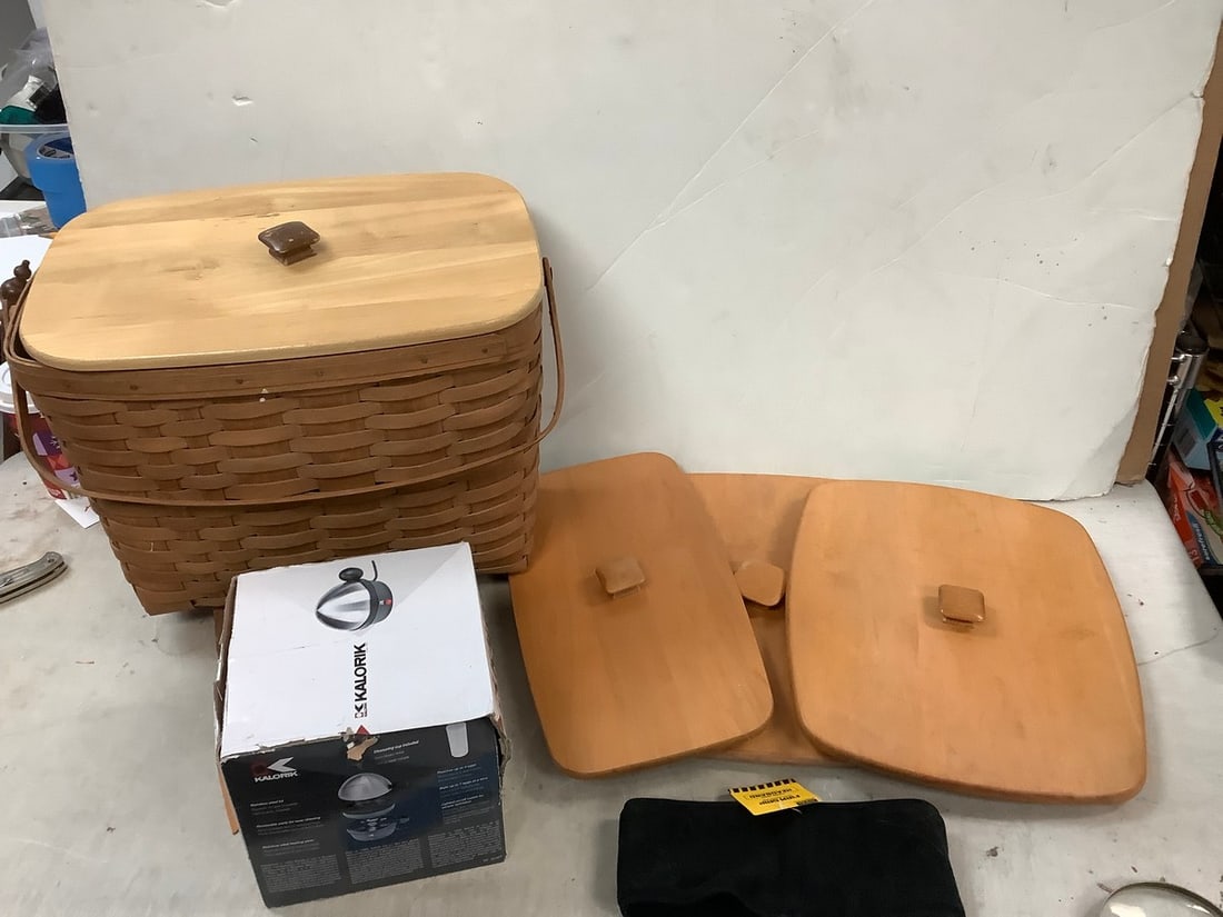 Lot of KALORIK egg cooker, LONGABERGER wicker basket 13x16 and firm grip headband: Lot of KALORIK egg cooker, LONGABERGER wicker basket 13x16 and firm grip headband