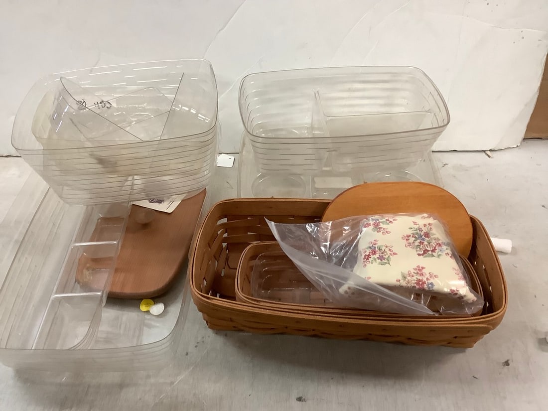 Lot of LONGABERGER wicker basket, one wood cover and plastic basket liners (1 of 1)