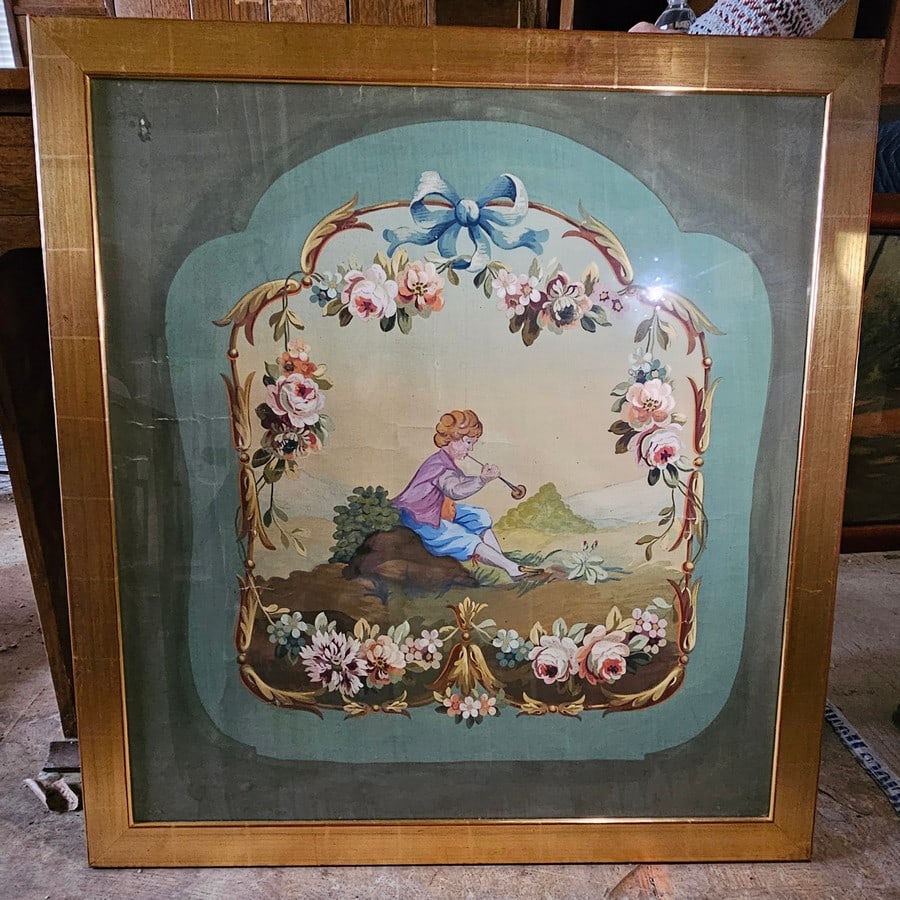 watercolor and gouach on paper Youth Playing Musical Instrument in Pastoral Scene frame; 32x30": watercolor and gouach on paper Youth Playing Musical Instrument in Pastoral Scene frame; 32x30"