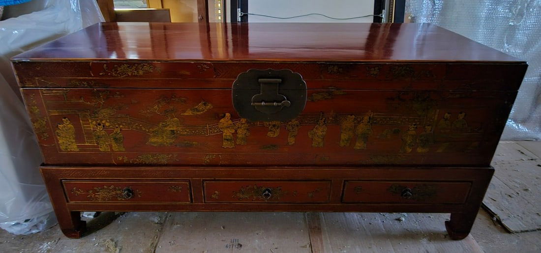 Asian red lacquered with gilt decoration chest on 3 drawer frame, 22x47x18" (1 of 4)